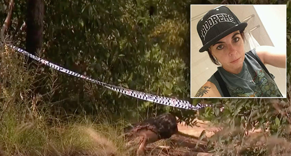Pictured is police tape in Menai bushland where Najma Carroll (who is insetted) was found.