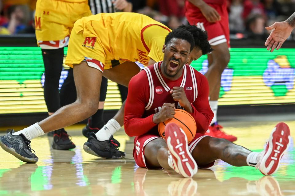 Mar 3, 2024; College Park, Maryland, USA; Indiana Hoosiers guard Xavier Johnson (0) reacts after stealing a loose ball from Maryland Terrapins guard DeShawn Harris-Smith (5) during the second half at Xfinity Center. Mandatory Credit: Tommy Gilligan-USA TODAY Sports
