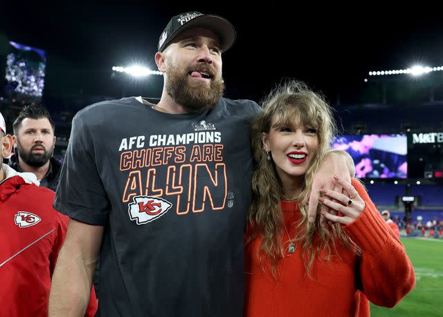 <p>Rob Carr/Getty</p> Travis Kelce celebrates with Taylor Swift after a 17-10 victory against the Baltimore Ravens in the AFC Championship Game at M&T Bank Stadium on January 28, 2024