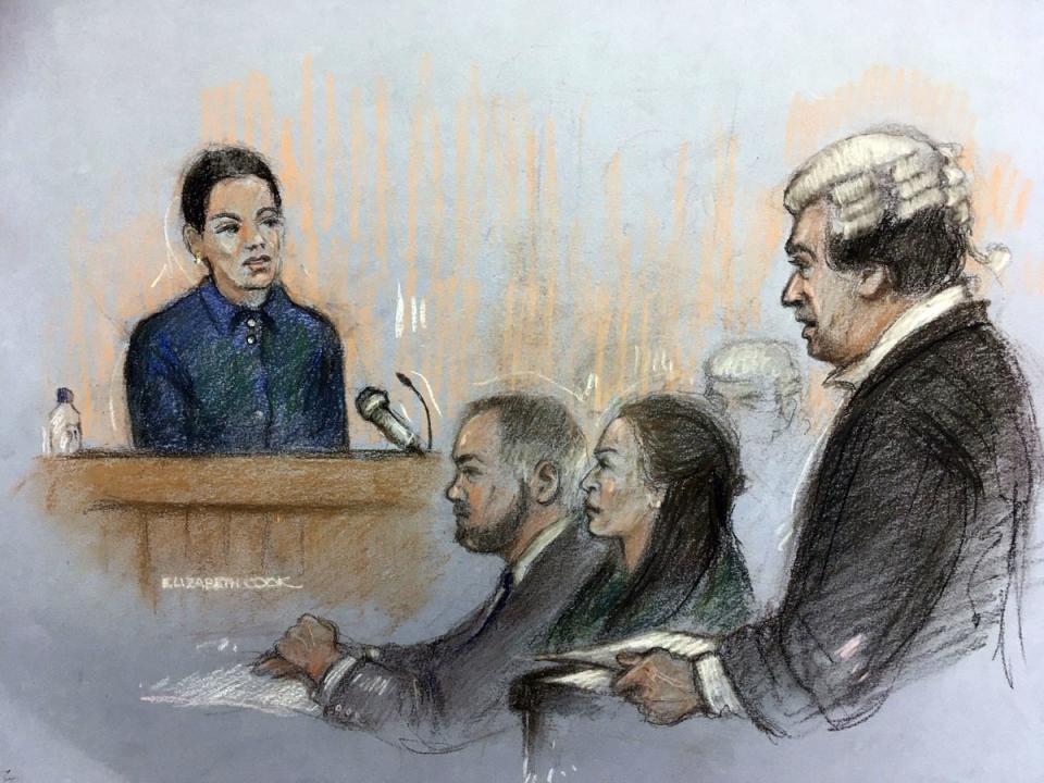 Court artist sketch by Elizabeth Cook of Coleen Rooney's barrister David Sherborne (right) questioning Rebekah Vardy as she gives evidence at the Royal Courts Of Justice (PA)