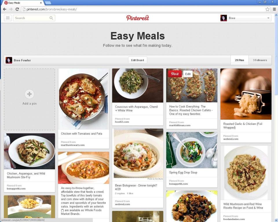 This undated image provided by Pinterest shows the popular link- and photo-sharing website's new updated site. The update now offers people a simpler navigation and new ways to arrange their boards to fit their needs. Although the haphazard spirit of Pinterest remains, the site is much less overwhelming. (AP Photo/Pinterest)