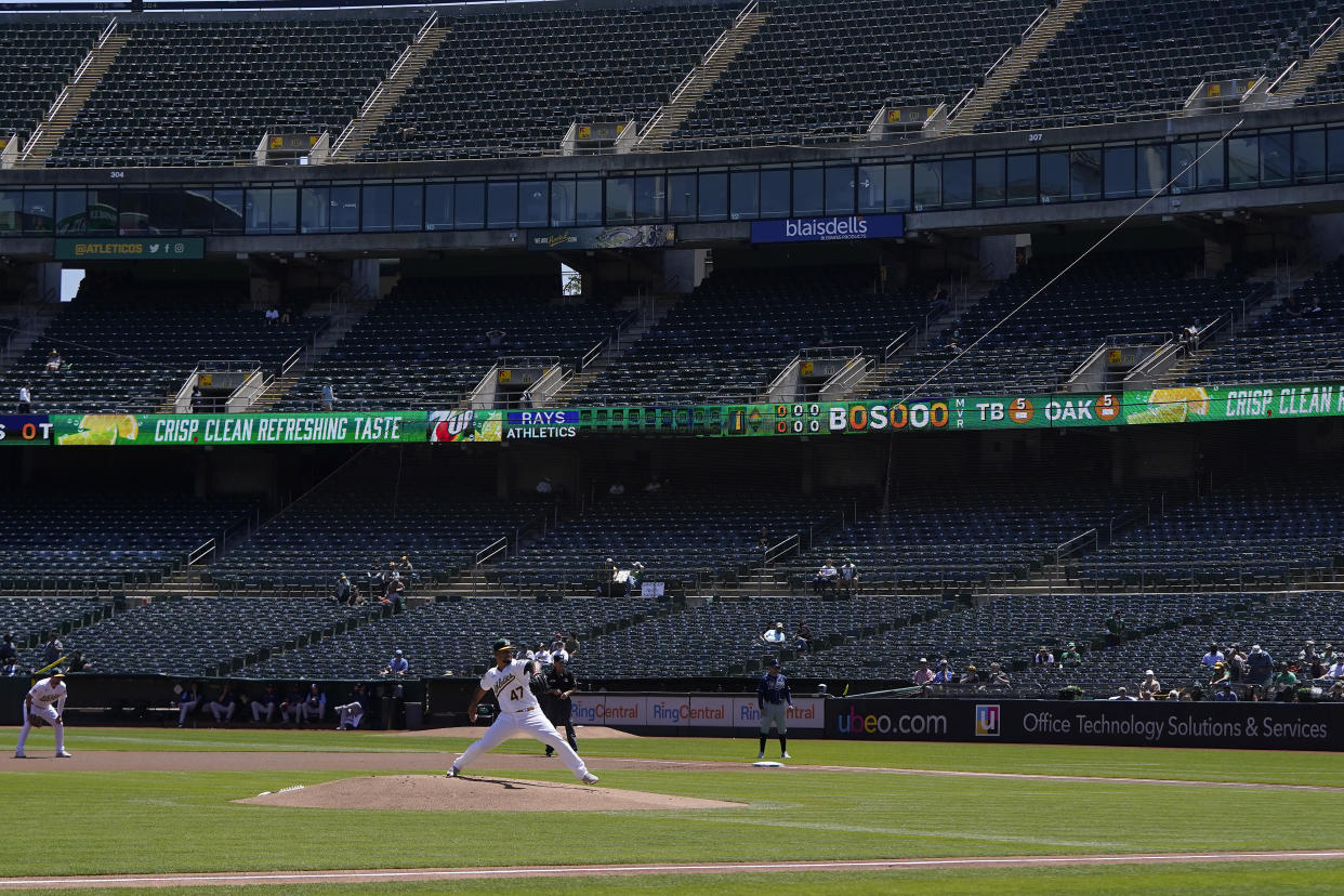 Oakland Athletics' Frankie Montas pitches against the Tampa Bay Rays during the first inning of a baseball game on May 4 in Oakland, California. (AP Photo/Jeff Chiu)