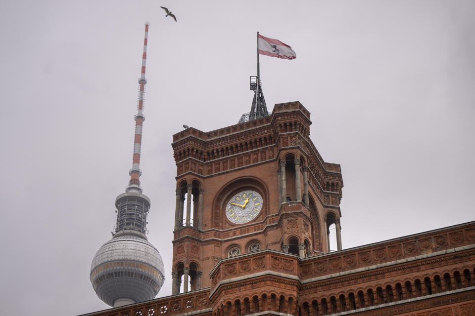 The Berlin TV Tower, left, and the Rotes Rathaus townhall are pictured in Berlin, Monday, Feb. 13, 2023. Germany’s conservative Christian Democrats on Monday celebrated their victory in a Berlin state election re-run made necessary by serious voting glitches in 2021. The party said the result shows it can appeal to voters in urban areas with center-right policies that include tough talk on immigration. (Monika Skolimowska/dpa/dpa via AP)