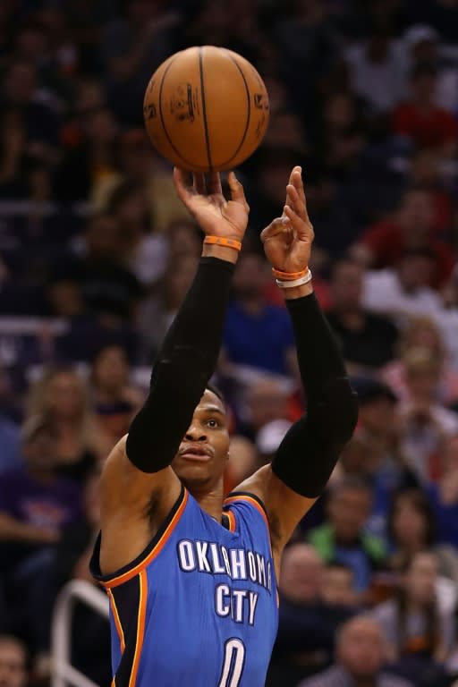 New York crowd saluted Russell Westbrook (pictured) after he completed his 33rd triple-double of the season, leaving him eight shy of Oscar Robertson's all-time record of 41