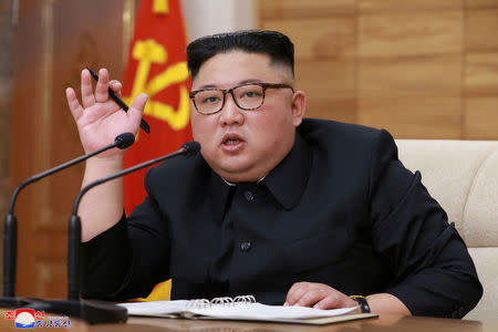 North Korean leader Kim Jong Un gestures during a Central Committee of the Worker's Party meeting in Pyongyang, North Korea in this photo released on April 9, 2019 by North Korea's Korean Central News Agency. KCNA via REUTERS/File Photo