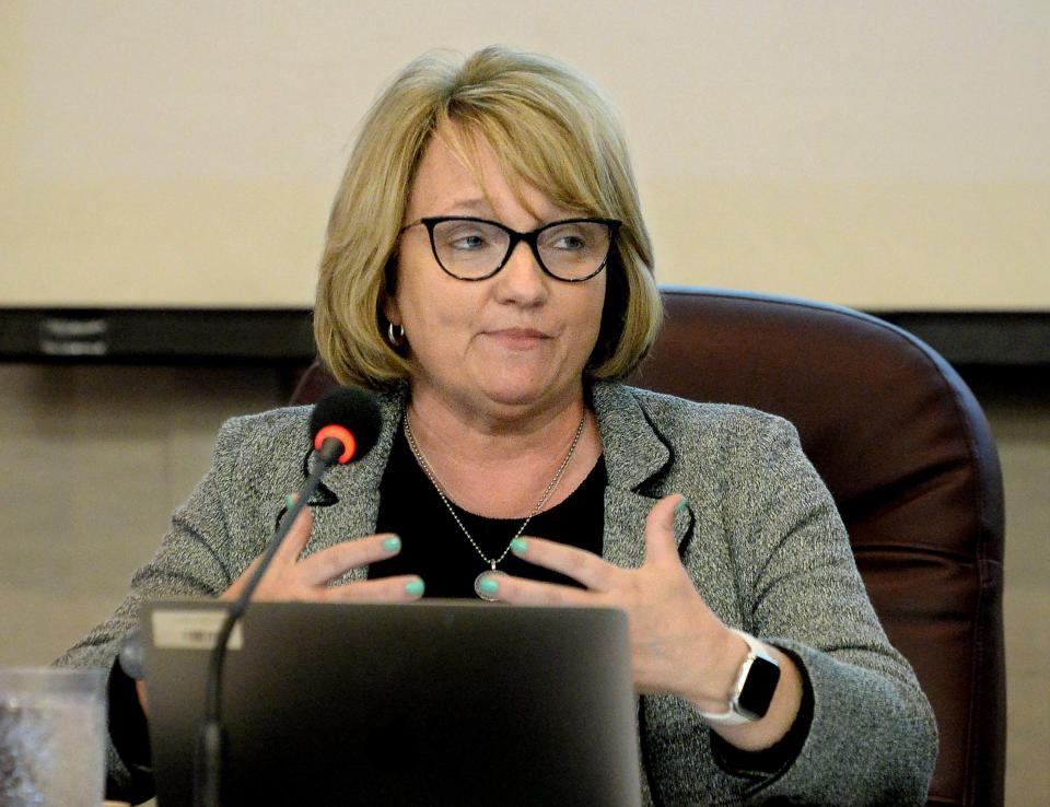 District 186 School Superintendent Jennifer Gill speaks during the school meeting Tuesday, March 5, 2024.