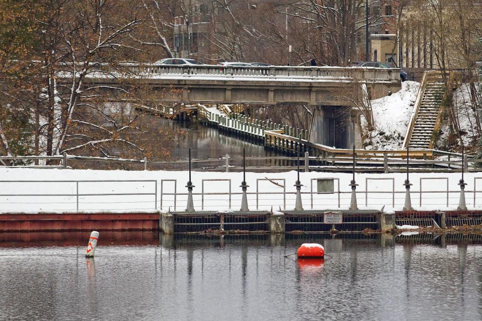 The Union Street Dam, foreground, the last remaining dam on the Boardman River is seen in Traverse City, on Dec. 4, 2020.