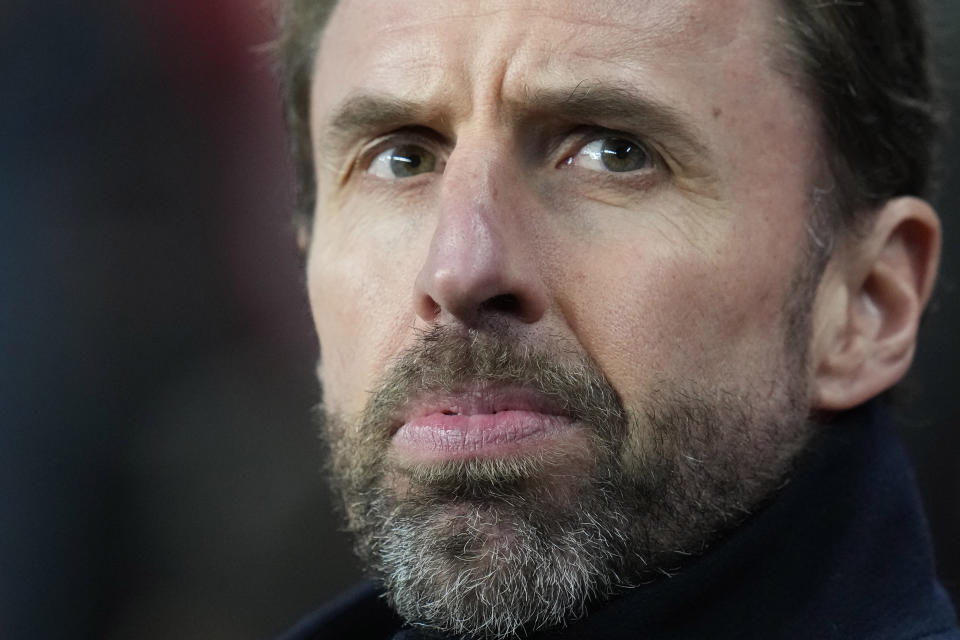 England's head coach Gareth Southgate looks on during an international friendly soccer match between England and Belgium at Wembley Stadium, in London, Tuesday, March 26, 2024. (AP Photo/Kirsty Wigglesworth)