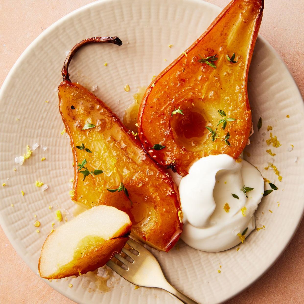 sliced pears roasted and caramelized in the oven with lemon zest