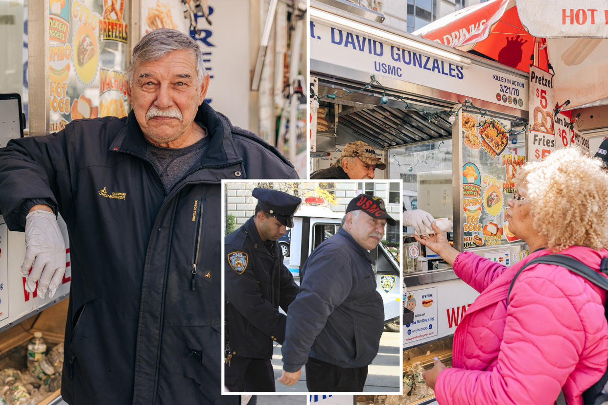Dan Rossi standing outside his hot dog cart, left. Him handing a woman a hot dog, right. Rossi being arrested. inset.