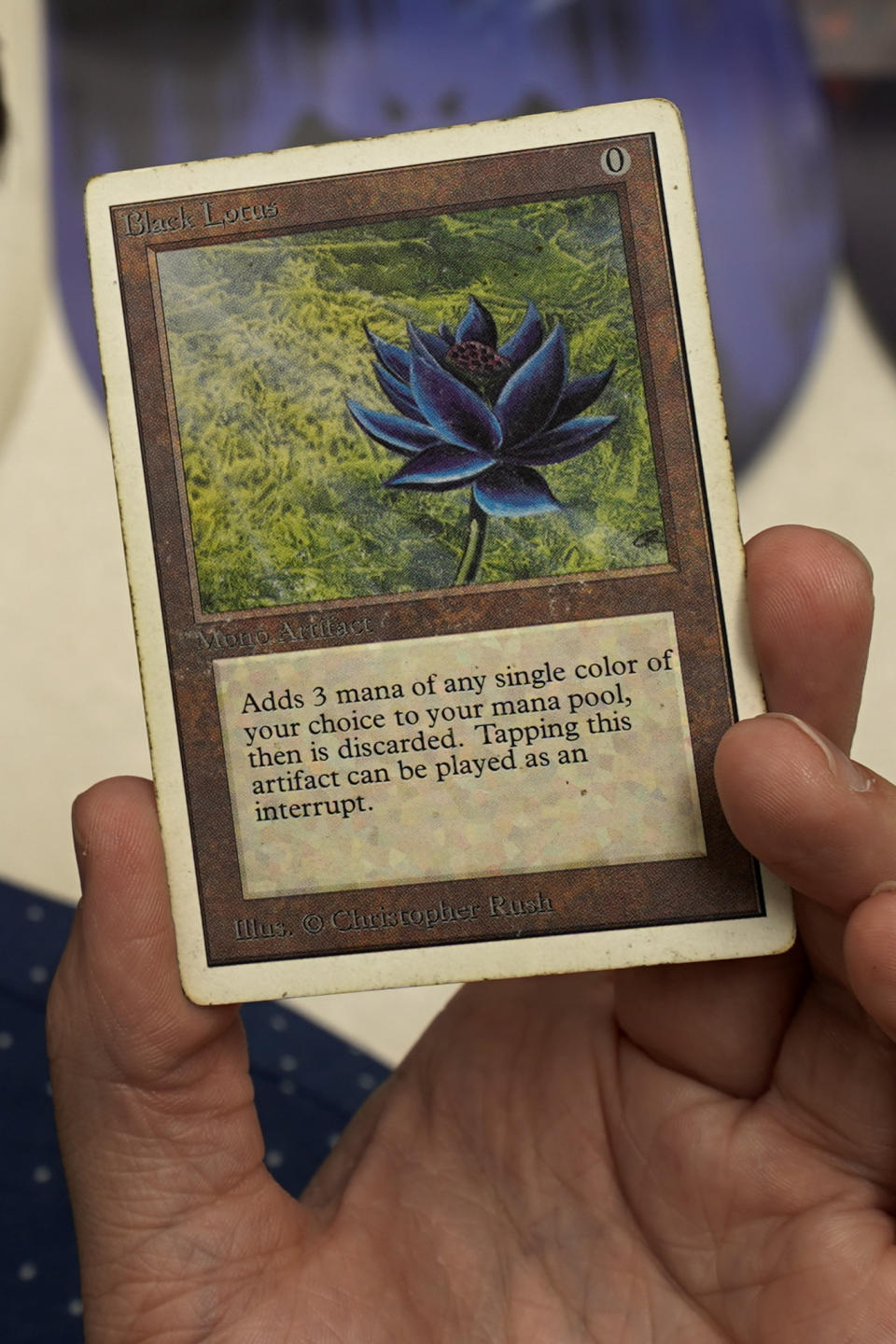 Austin Deceder, displays a Black Lotus Magic card in his home office Friday, Aug. 27, 2021, in Kansas City, Mo. Prices of the collectable cards and vintage video games that Deceder and others buy and sell have skyrocketed in the past few months to the dismay of hobbyists. (AP Photo/Charlie Riedel)