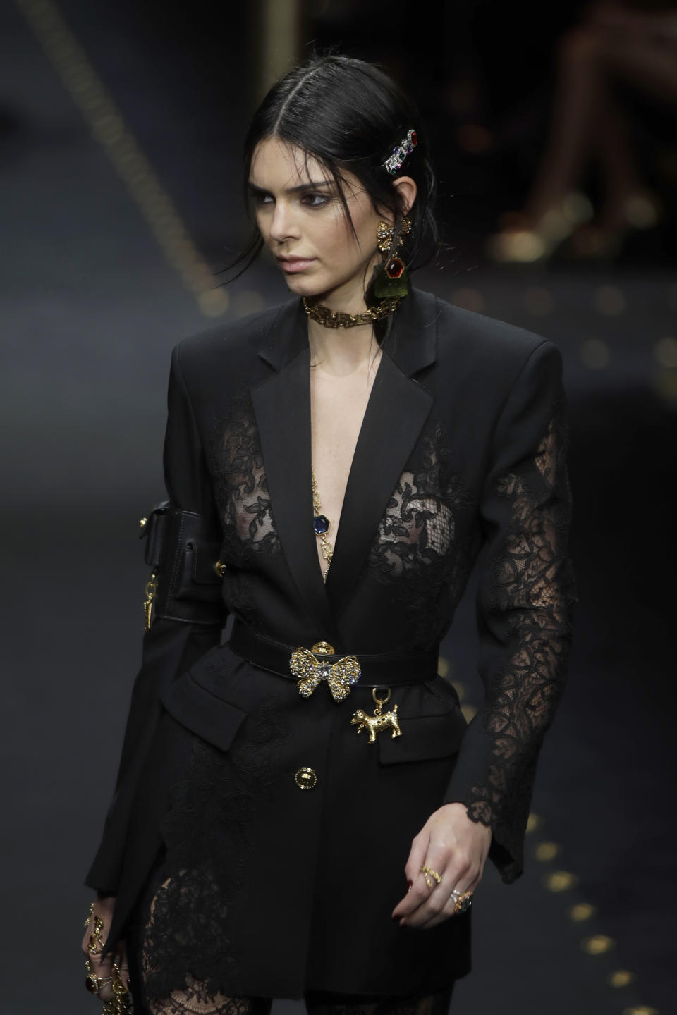 EDS NOTE: NUDITY - Model Kendall Jenner wears a creation as part of the Versace women's Fall-Winter 2019-2020 collection, that was presented in Milan, Italy, Thursday, Friday, Feb. 22, 2019. (AP Photo/Luca Bruno)