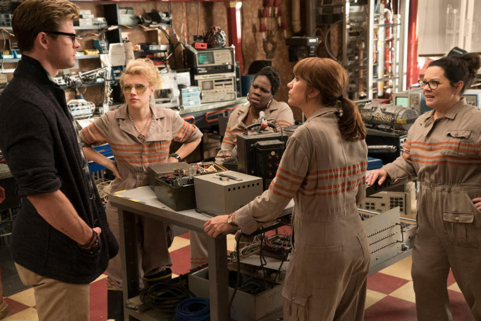 Chris Hemsworth, Kate McKinnon, Leslie Jones, Melissa McCarthy and Kristen Wiig in "Ghostbusters." (Photo: Sony)