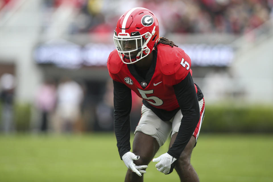 FILE - Georgia defensive back Kelee Ringo (5) in the first half of Georgia's spring NCAA college football game, Saturday, April 16, 2022, in Athens, Ga. Rongo was named to the Associated Press preseason All-America team, Monday, Aug. 22, 2022. (AP Photo/Brett Davis, File)