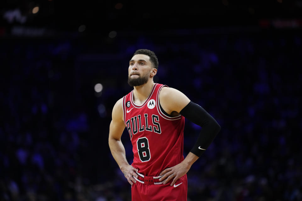 Chicago Bulls' Zach LaVine plays during an NBA basketball game, Monday, March 20, 2023, in Philadelphia. (AP Photo/Matt Slocum)