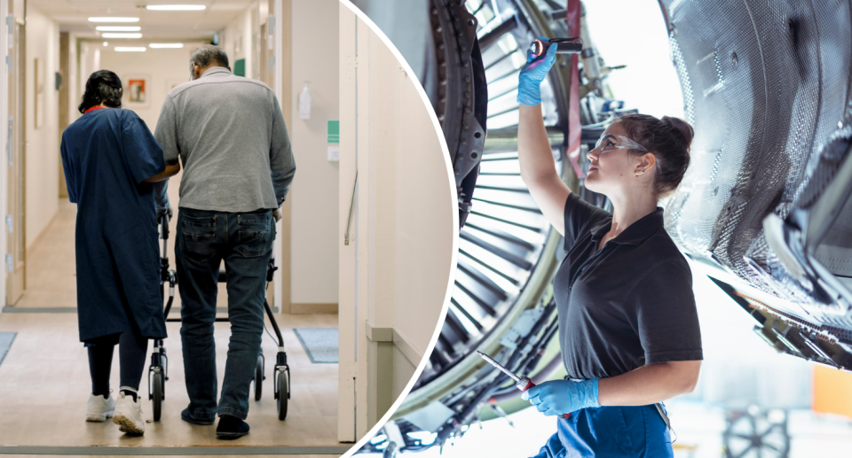 Aged care worker walking with a resident while a licensed aircraft maintenance engineer inspects an engine