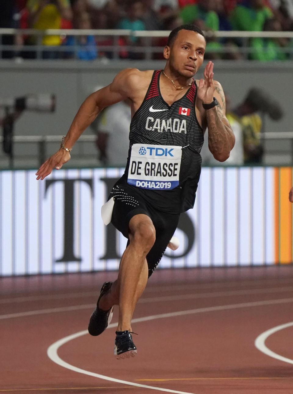 Andre De Grasse of Canada wins his heat at the most recent world championships, held in Doha, Qatar.