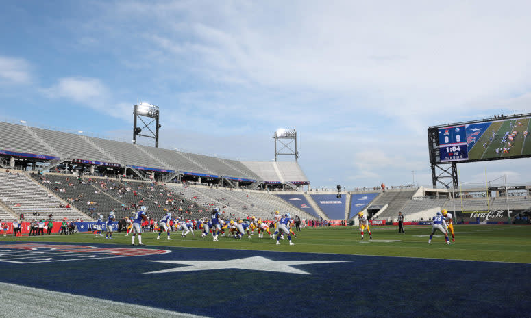 A low, wide-camera shot of a USFL game in Birmingham.