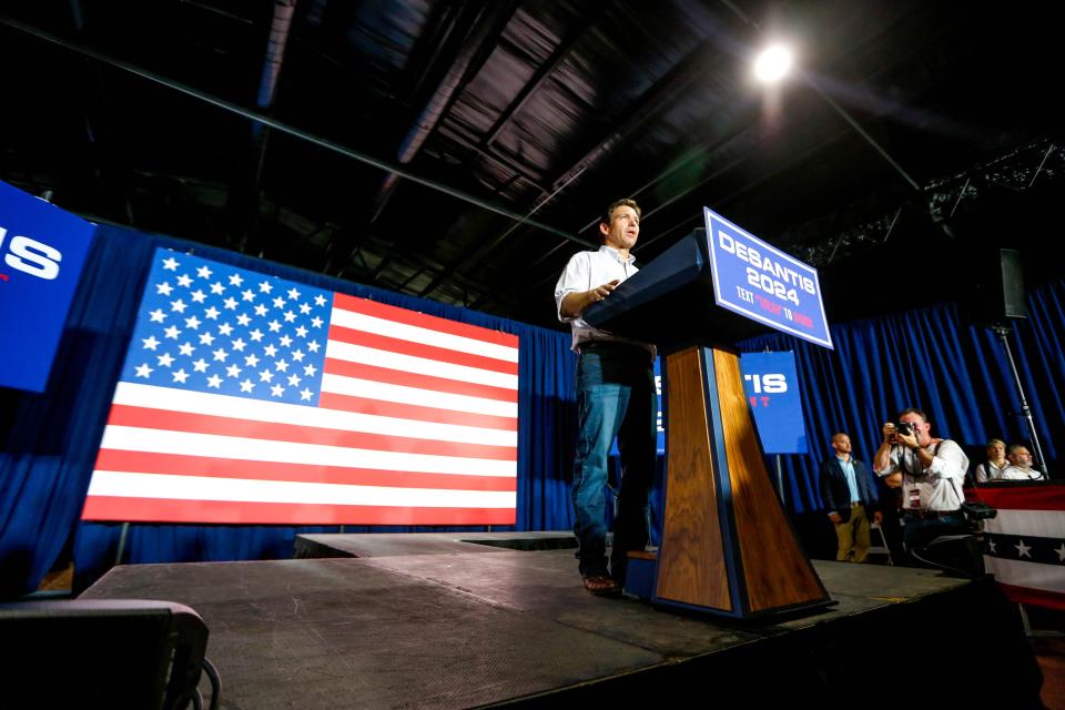 Florida Gov Ron DeSantis speaks at an event held by the Never Back Down PAC featuring presidential candidate DeSantis in Tulsa, Okla., on Saturday, June 10, 2023. The PAC reported spending $34 million through June 30 out of nearly $131 million raised.