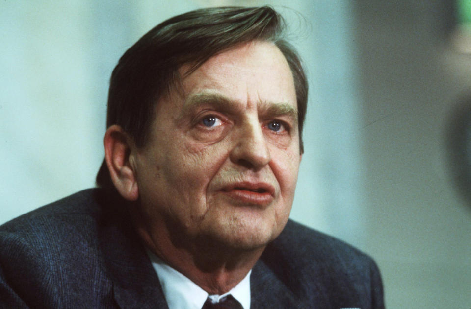 FILE - Dec. 12, 1983 file photo of Swedish Prime minister Olof Palme. Swedish prosecutors will announce Wednesday June 10, 2020 a decision in the investigation into the long unsolved murder of former Swedish Prime Minister Olof Palme, who was shot dead in downtown Stockholm in 1986. (Anders Holmstrom/TT via AP)