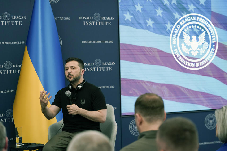 Ukrainian President Volodymyr Zelenskyy speaks at the Ronald Reagan Institute on the sideline of NATO Summit in Washington, Tuesday, July 9, 2024. (AP Photo/Jose Luis Magana)