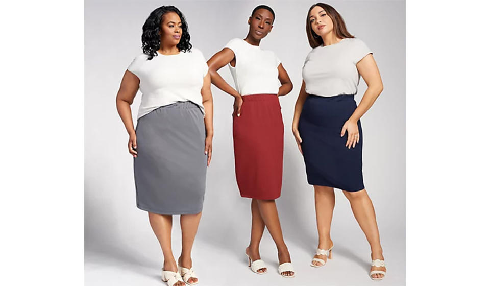 3 models of different shapes and sizes wearing a variety of colors of these skirts