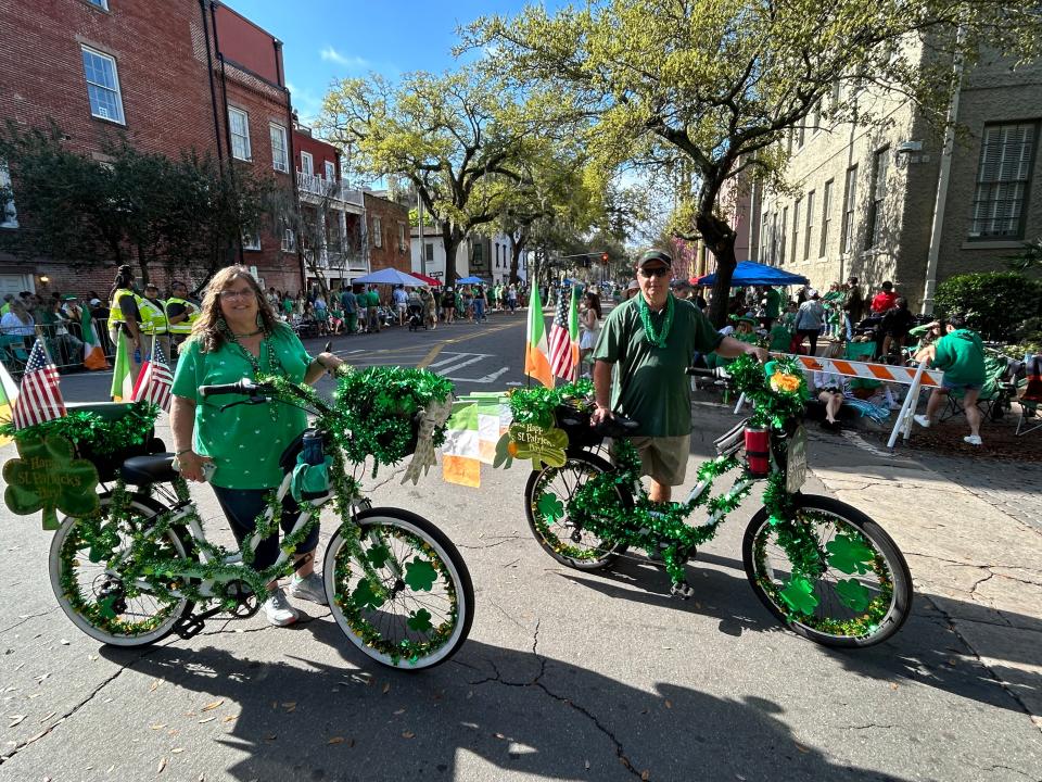 Long time Savannahians Kevin and Sharon Browning have been coming to the parade most of their lives but in the last 4 to 5 years, they decided to deck out their bikes and avoid the traffic coming from their Midtown neighborhood.