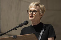 American novelist Siri Hustvedt speaks during a reading event in solidarity of support for author Salman Rushdie outside the New York Public Library, Friday, Aug. 19, 2022, in New York. (AP Photo/Yuki Iwamura)