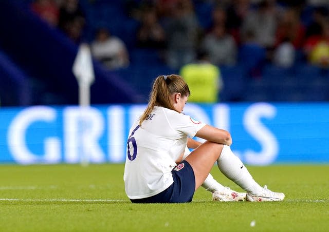 Maren Mjelde reacts after Norway's defeat to Austria