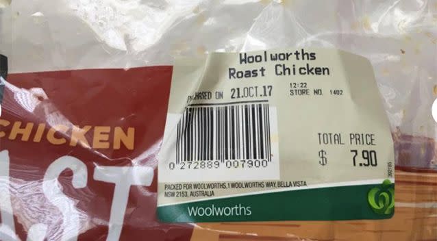 Ms Ga Silva claims to have purchased the chicken from Woolworths. Source: Supplied