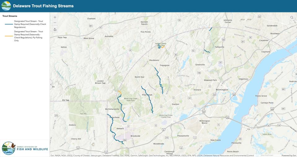 Designated trout streams in New Castle County, including fly-fishing only zones