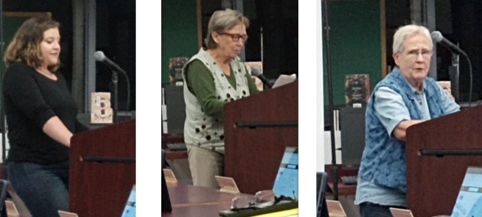 From left: Megan Berens, Carolyn Burkholder and Martha Tashiro shared their views with Wallenpaupack school board, Sept. 11, 2023, about the variety of books contained on school library shelves.