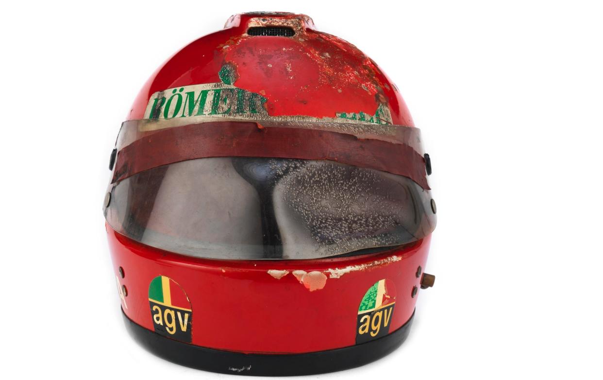 A front-on view of Niki Lauda's damaged helmet