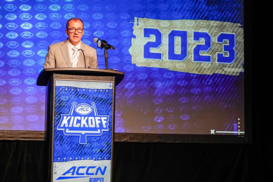 Jul 25, 2023; Charlotte, NC, USA;  ACC commissioner James Phillips speaks to the media during ACC Media Days at The Westin Charlotte. Mandatory Credit: Jim Dedmon-USA TODAY Sports