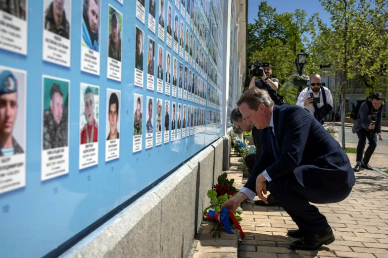 Cameron lays flowers at a memorial wall to servicemen killed defending Russia's attack during a visit Kyiv this month (Thomas Peter)