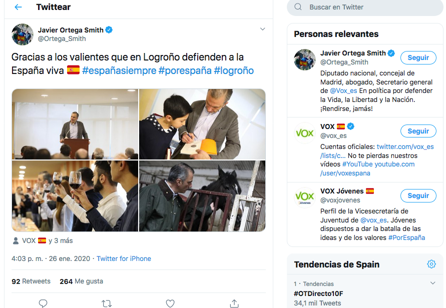 El propio Javier Ortega Smith compartió un día después de la comida con simpatizantes de Vox en Logroño un mensaje de agradecimiento a los asistentes y varias imágenes del acto. (Foto: Captura del perfil de Ortega Smith)