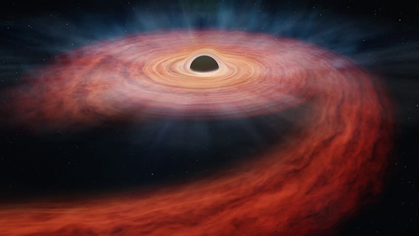  An illustration of a black hole leaving behind a trail of debris. 