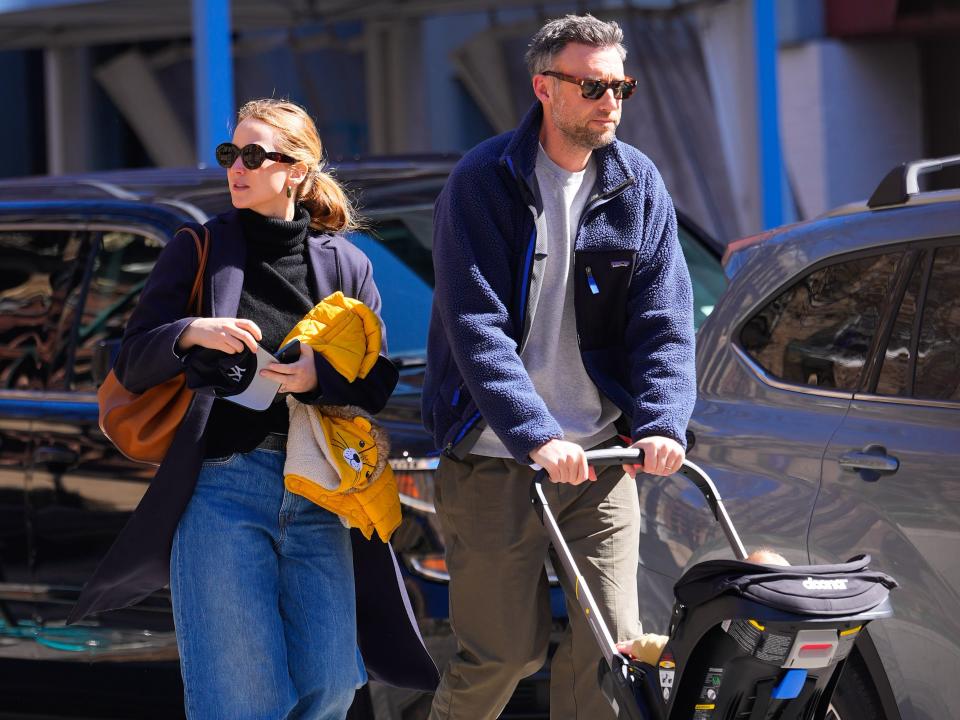 Jennifer Lawrence and Cooke Maroney walking with a stroller in New York City in March 2023.