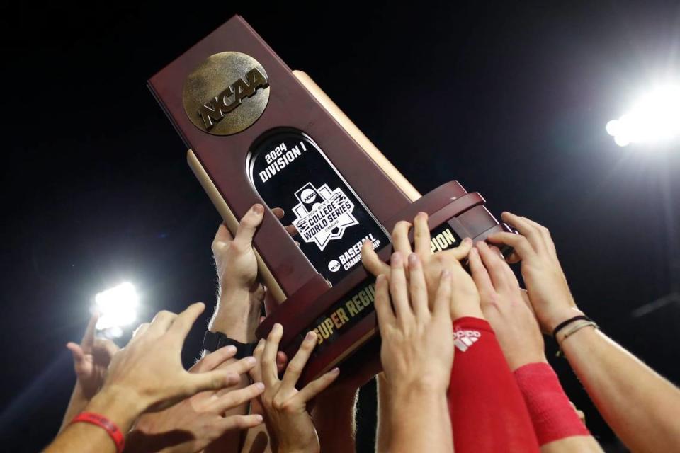 NC State celebrates after winning Game 3 of the Super NCAA Regional against Georgia at Foley Field on Monday, June 10, 2024 in Athens, Ga.