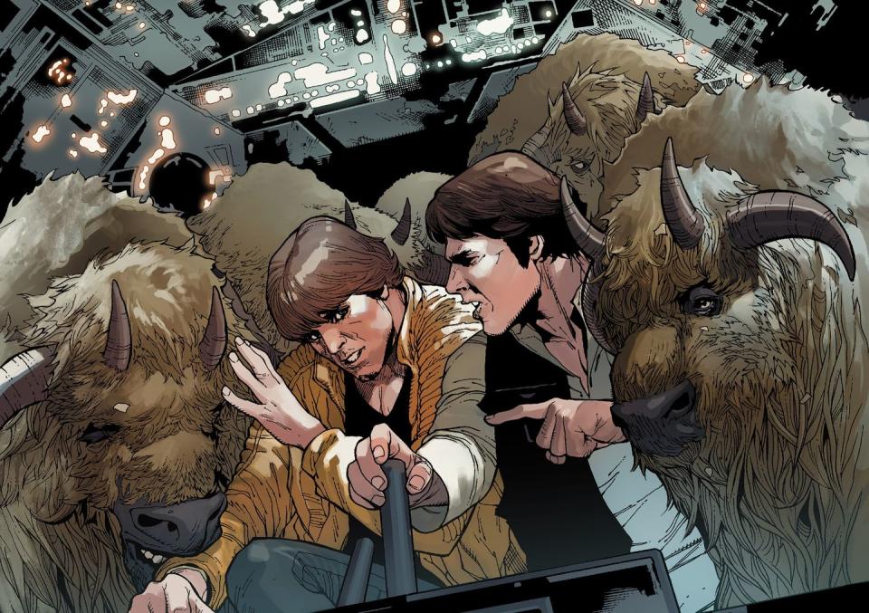 <p>A frustrated Leia famously decries Han as a "half-witted, scruffy-looking nerfherder." Han is more upset about the "scruffy-looking" bit, but did you ever wonder what a Nerf was? Turns out, they're space cows. In one particular Star Wars comic (pictured above), Han even has to transport some on the Millennium Falcon, finally fulfilling his destiny as a nerfherder. </p>