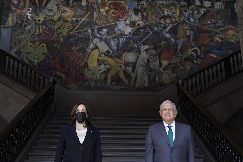 Vice President Kamala Harris poses for a photo with Mexican President Andres Manuel Lopez Obrador, Tuesday, June 8, 2021, at the National Palace in Mexico City. (AP Photo/Jacquelyn Martin)