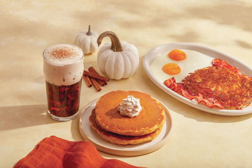 The Pumpkin Spice Pancake Combo, available starting August 28 at IHOP locations nationwide is two pancakes made with real pumpkin and seasonal spices with whipped topping, served with hash browns and bacon or sausage.