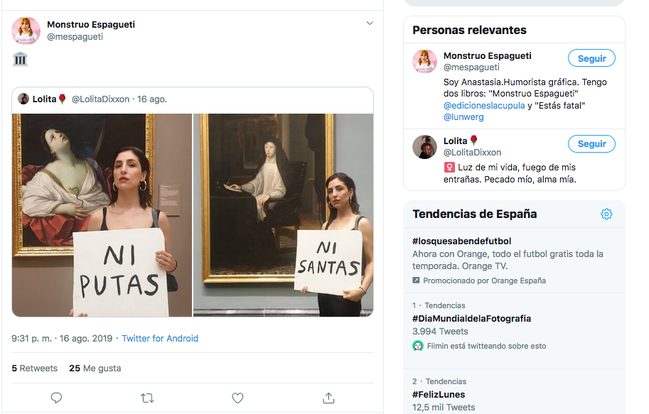 Monstruo Espagueti se hizo estas fotos como reivindicación. Pero la elección de los cuadros ha hecho que los tuiteros se mofen de ella. (Foto: Captura del perfil de Monstruo Espagueti / @mespagueti)