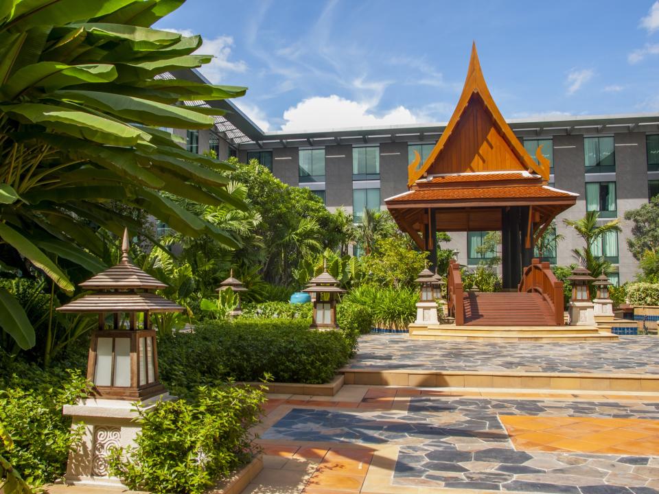 he courtyard garden of the Novotel Bangkok Suvarnabhumi Airport hotel in Bangkok, Thailand.