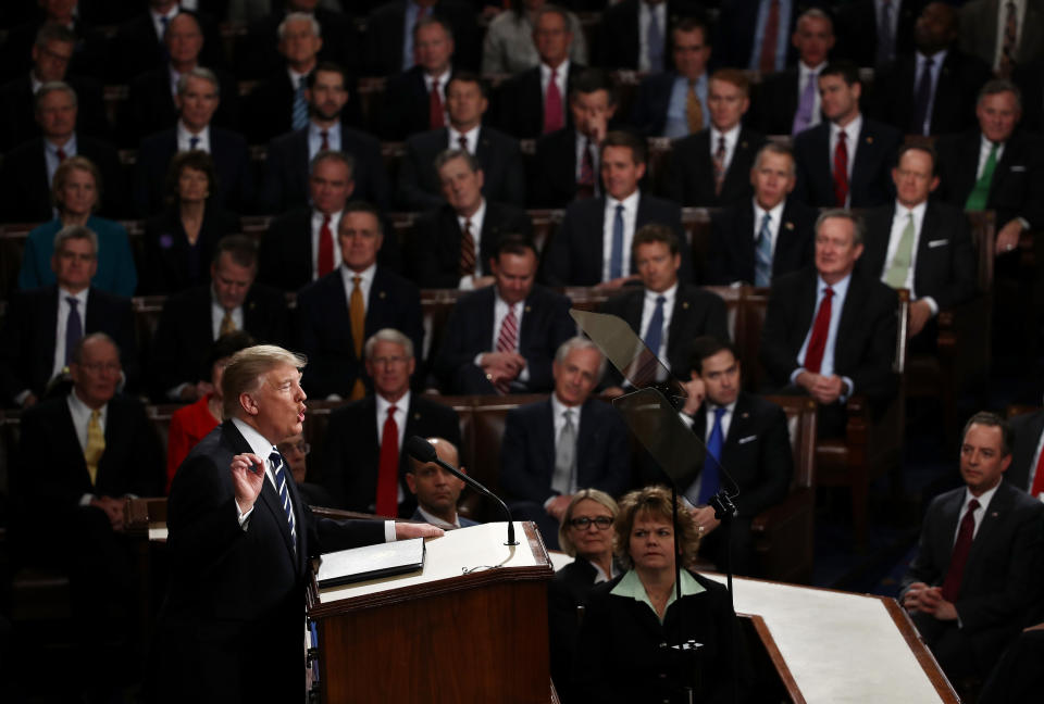 &nbsp;U.S. President Donald Trump arrives to addresses a joint session of the U.S. Congress on February 28, 2017 in the House chamber of the U.S. Capitol in Washington, DC.&nbsp;