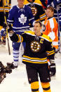 OTTAWA, ON - JANUARY 28: Zdeno Chara #33 of the Boston Bruins and Team Chara celebrates after hitting the puck 108.8 MPH during the Blackberry NHL Hardest Shot part of the 2012 Molson Canadian NHL All-Star Skills Competition at Scotiabank Place on January 28, 2012 in Ottawa, Ontario, Canada. (Photo by Gregory Shamus/Getty Images)