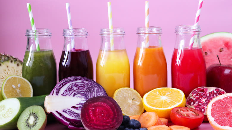 five juices with produce