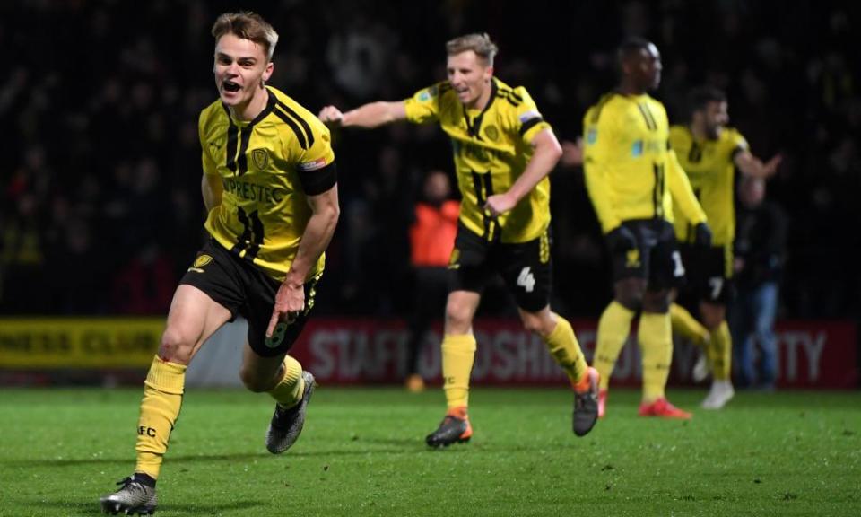 Jake Hesketh of Burton Albion celebrates his goal during the famous 3-2 victory in the fourth-round against Nottingham Forest.