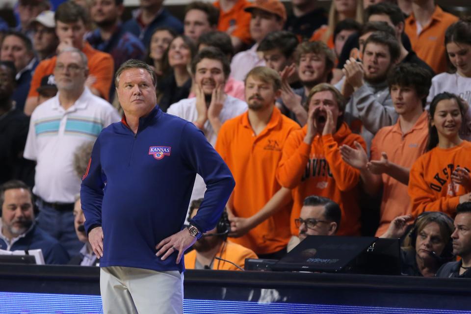 Kansas men's basketball coach Bill Self watches during the Jayhawks' game against Oklahoma State on Feb. 15 at Gallagher-Iba Arena in Stillwater.