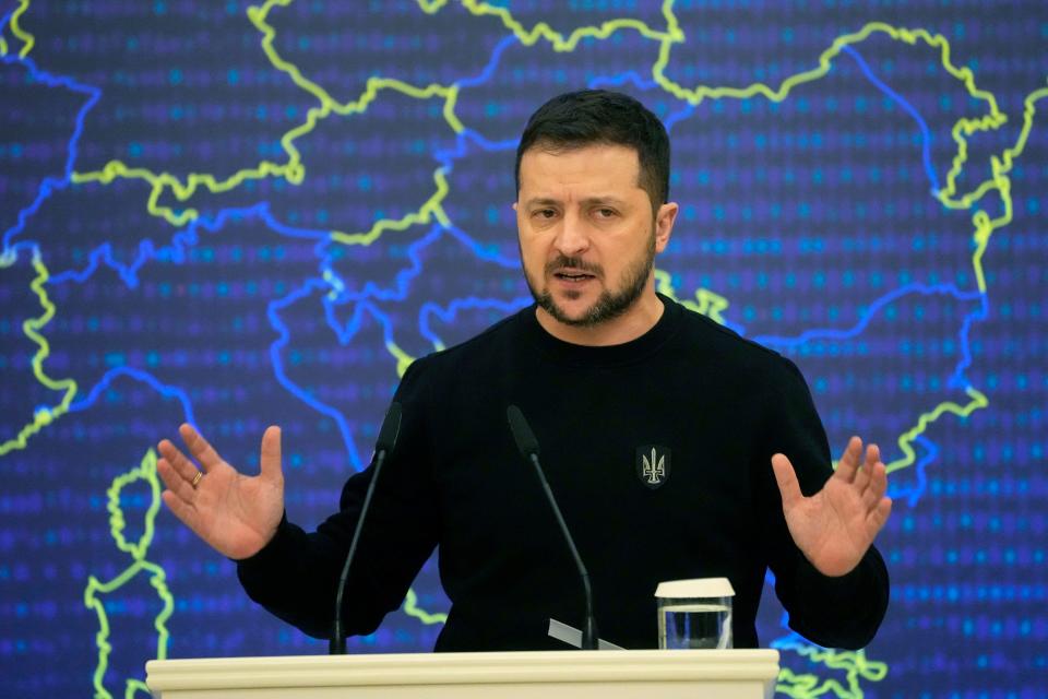 Ukrainian President Volodymyr Zelenskyy addresses a media conference after the EU-Ukraine summit in Kyiv, Ukraine, Friday, Feb. 3, 2023.